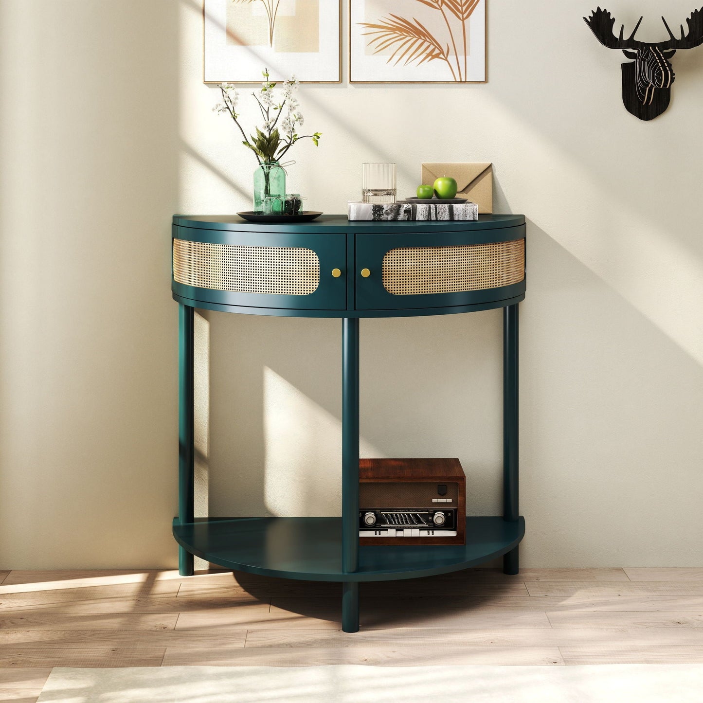Boho rattan semi-circle end table in teal with sliding door, storage and bottom shelf on Tampa Home & Garden Store