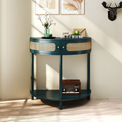 Boho rattan semi-circle end table in teal with sliding door, storage and bottom shelf on Tampa Home & Garden Store