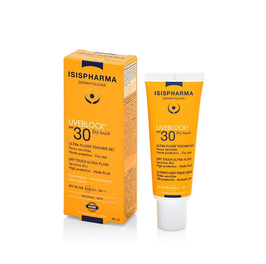 Isispharma Uveblock SPF30 sunscreen box and tube in bright orange packaging on Tampa Home & Garden Store