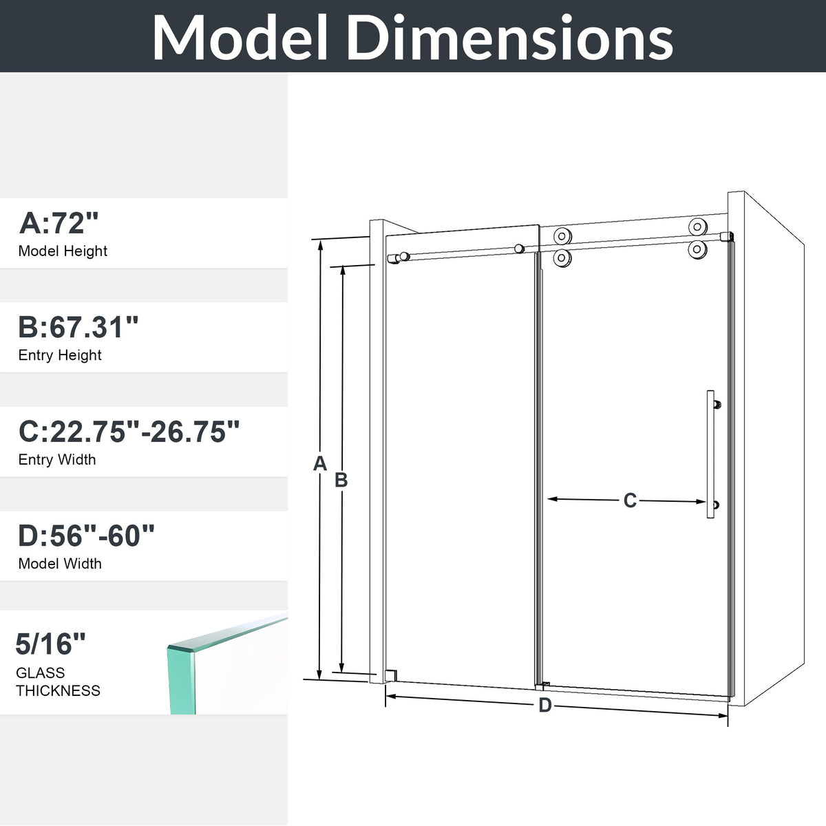 Clear tempered frameless sliding shower door by HouseOfZazla; dimensional diagram A-D on Tampa Home & Garden Store