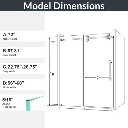 Clear tempered frameless sliding shower door by HouseOfZazla; dimensional diagram A-D on Tampa Home & Garden Store