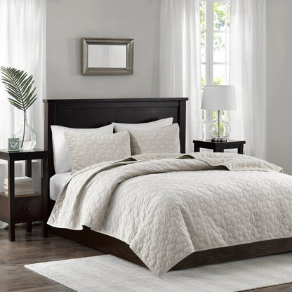Ivory velvet quilt set with antimicrobial finish for king bed quilted pattern and shams on Tampa Home & Garden Store