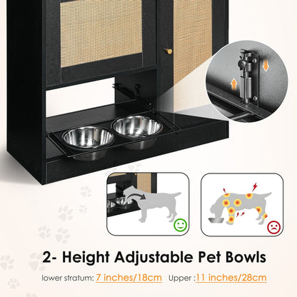 Feeding Station with 2 Lockers and Elevated Bowls Black by HouseOfZazla with cane-panel doors on Tampa Home & Garden Store
