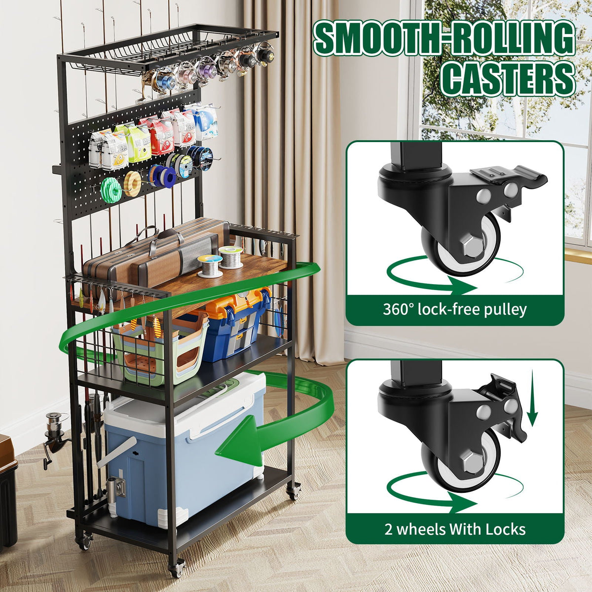 Fishing rod storage rack with pegboard and cart, black steel frame with hanging reels on Tampa Home & Garden Store