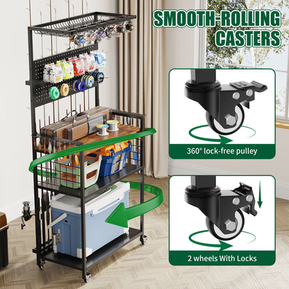 Fishing rod storage rack with pegboard and cart, black steel frame with hanging reels on Tampa Home & Garden Store