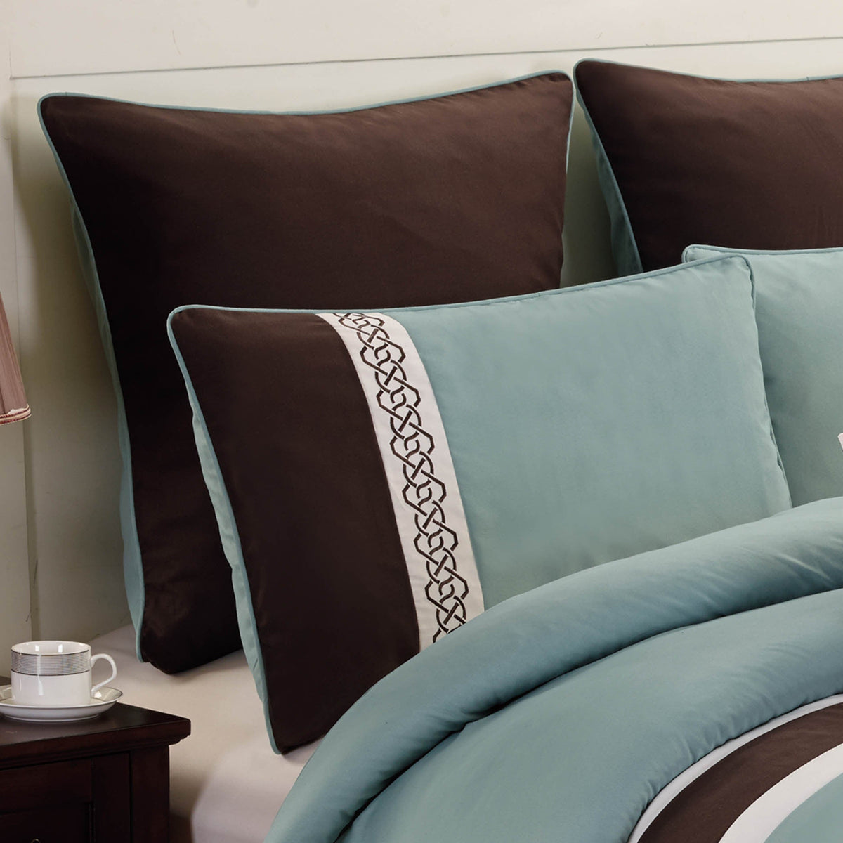 Tolbert 8 Pc Teal & Brown Geometric Embroidered Comforter Set by HouseOfZazla with teal piping and brown panels on Tampa Home & Garden Store