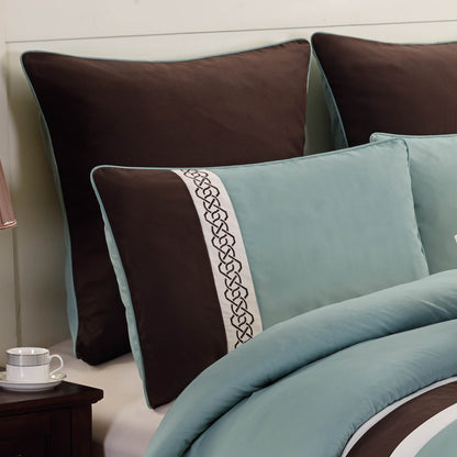 Tolbert 8 Pc Teal & Brown Geometric Embroidered Comforter Set by HouseOfZazla with teal piping and brown panels on Tampa Home & Garden Store