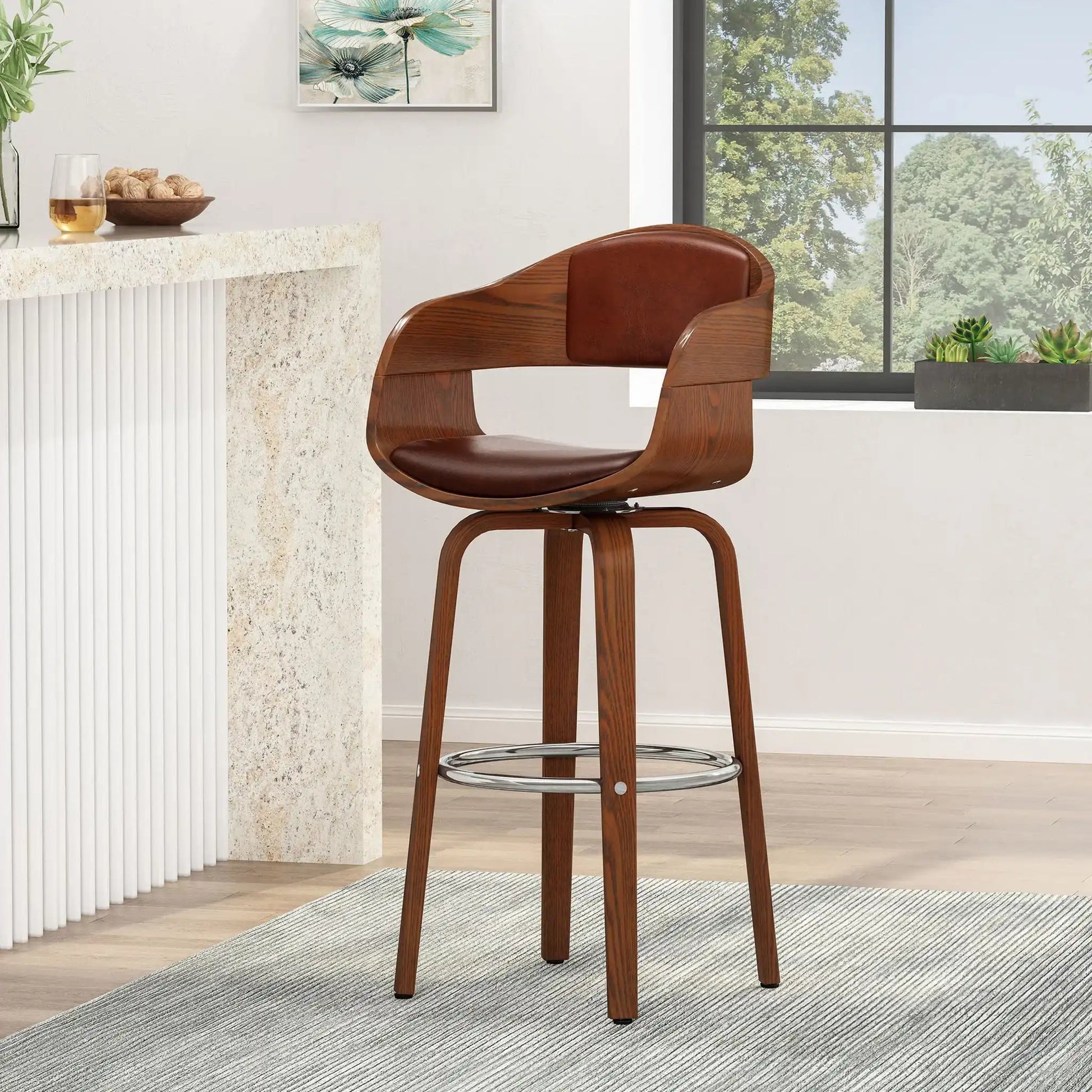 Modern bar stool with swivel by HouseOfZazla, brown leather seat and wood frame on Tampa Home & Garden Store
