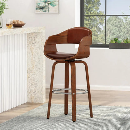 Modern bar stool with swivel by HouseOfZazla, brown leather seat and wood frame on Tampa Home & Garden Store