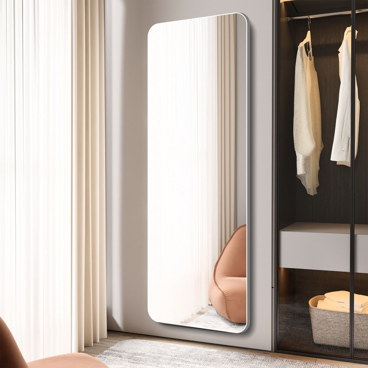 Full Body Round Corner Mirror with white frame, wall-mounted beside a closet on Tampa Home & Garden Store