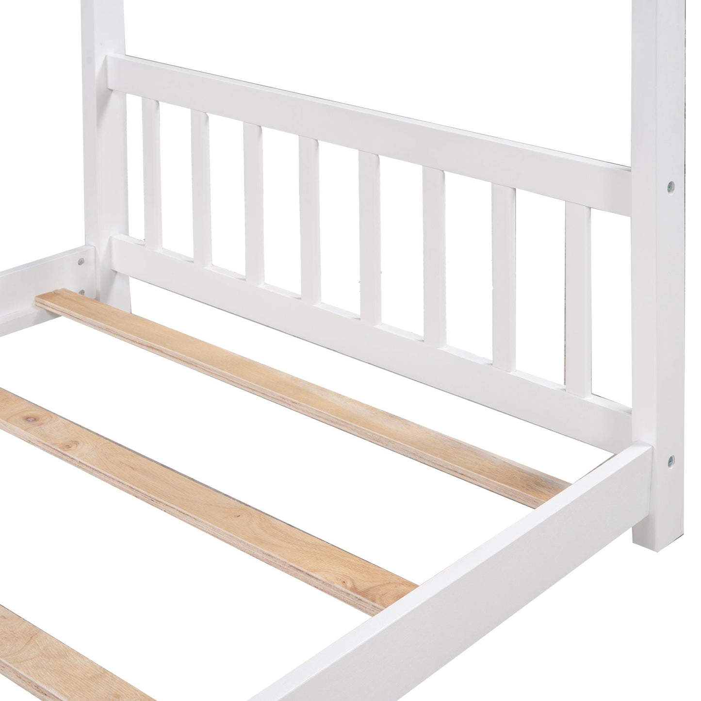 HouseOfZazla white platform bed with headboard and footboard, roof design and vertical slats on Tampa Home & Garden Store