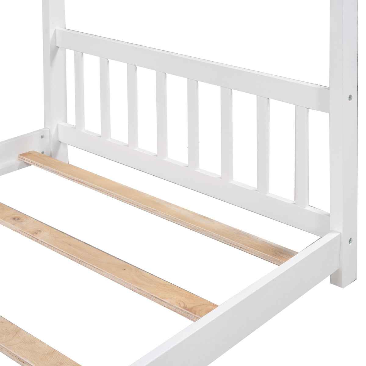 HouseOfZazla white platform bed with headboard and footboard, roof design and vertical slats on Tampa Home & Garden Store