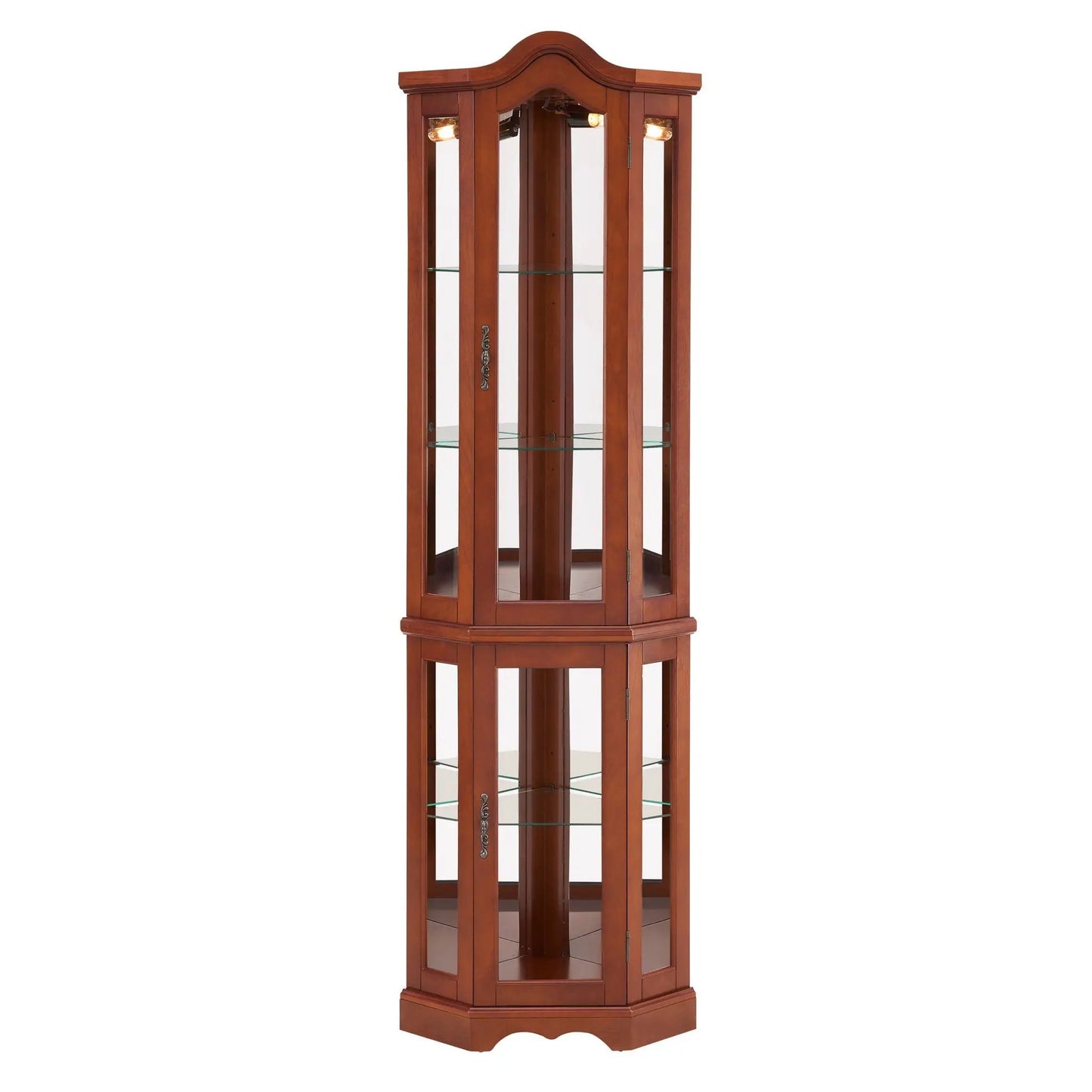 Corner Curio Cabinet with Lights in walnut finish, glass shelves, mirrored back on Tampa Home & Garden Store