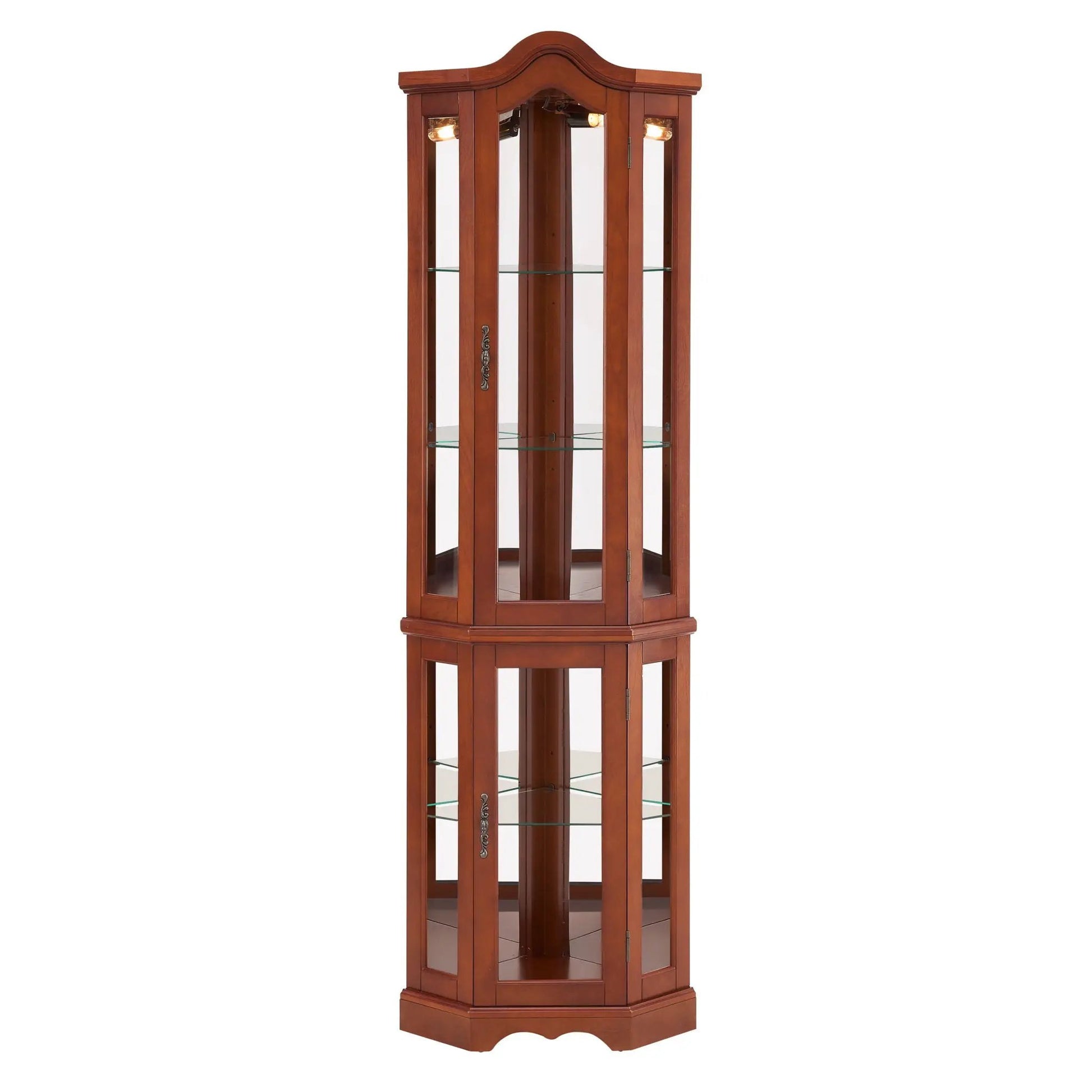 Corner Curio Cabinet with Lights in walnut finish, glass shelves, mirrored back on Tampa Home & Garden Store