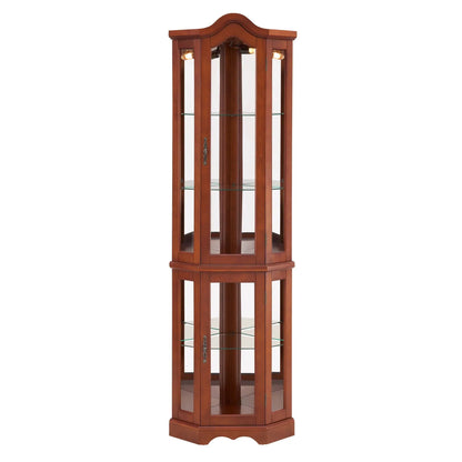 Corner Curio Cabinet with Lights in walnut finish, glass shelves, mirrored back on Tampa Home & Garden Store
