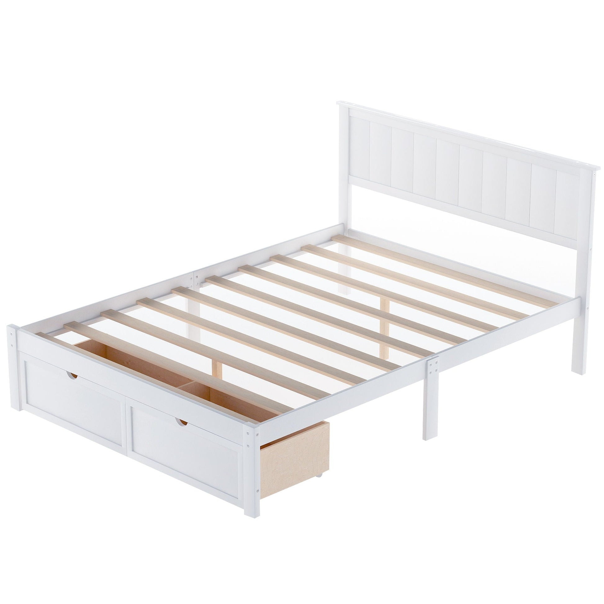 Full-size white platform bed with under-bed drawers, slatted base and headboard, HouseOfZazla on Tampa Home & Garden Store