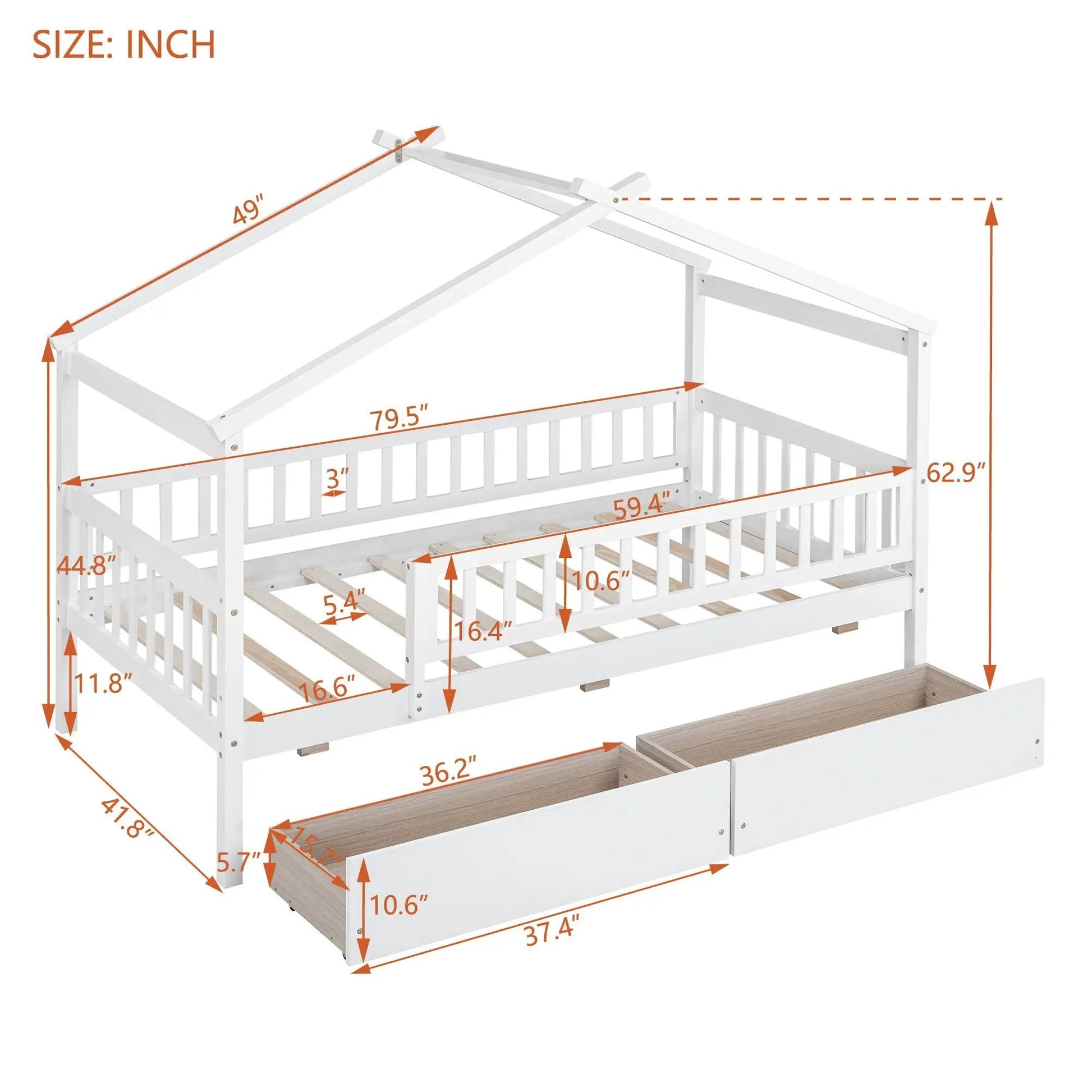 House bed with 2 drawers, white wooden frame and slatted base on Tampa Home & Garden Store
