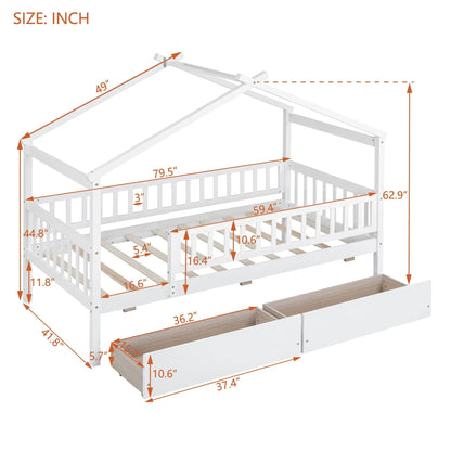 House bed with 2 drawers, white wooden frame and slatted base on Tampa Home & Garden Store