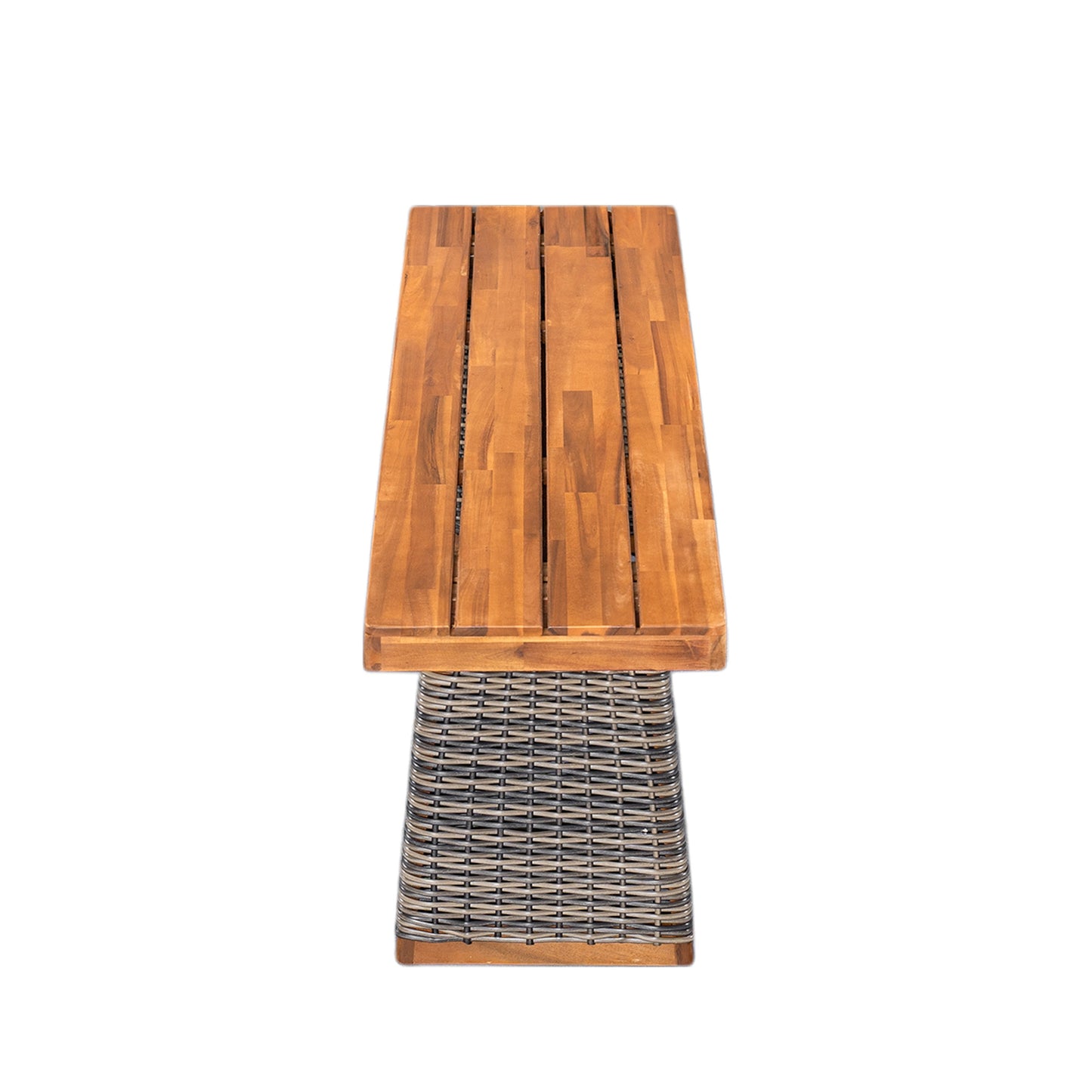 Outdoor acacia wood dining table with a slatted top and handwoven rattan base for patio use on Tampa Home & Garden Store