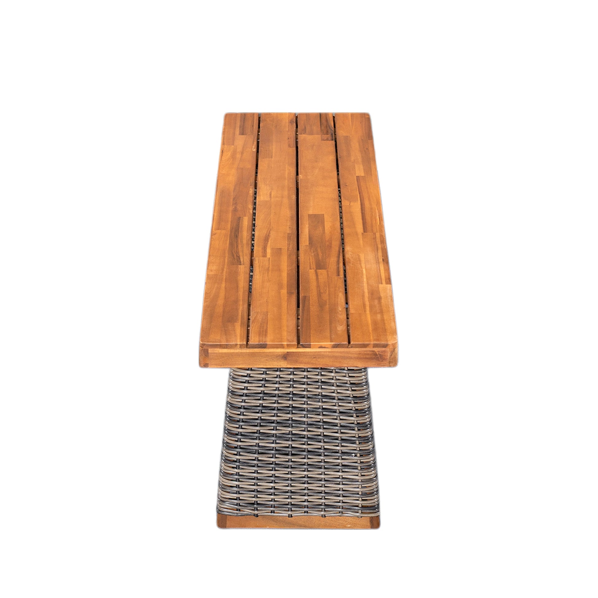 Outdoor acacia wood dining table with a slatted top and handwoven rattan base for patio use on Tampa Home & Garden Store
