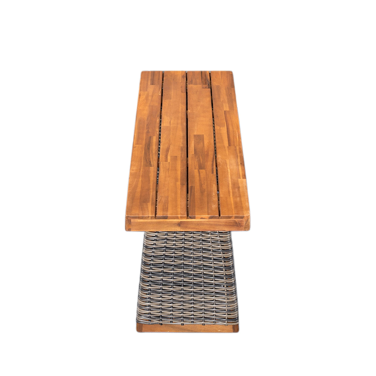 Outdoor Acacia Wood Patio Dining Set and Bench brown slat table top on woven wicker base on Tampa Home & Garden Store
