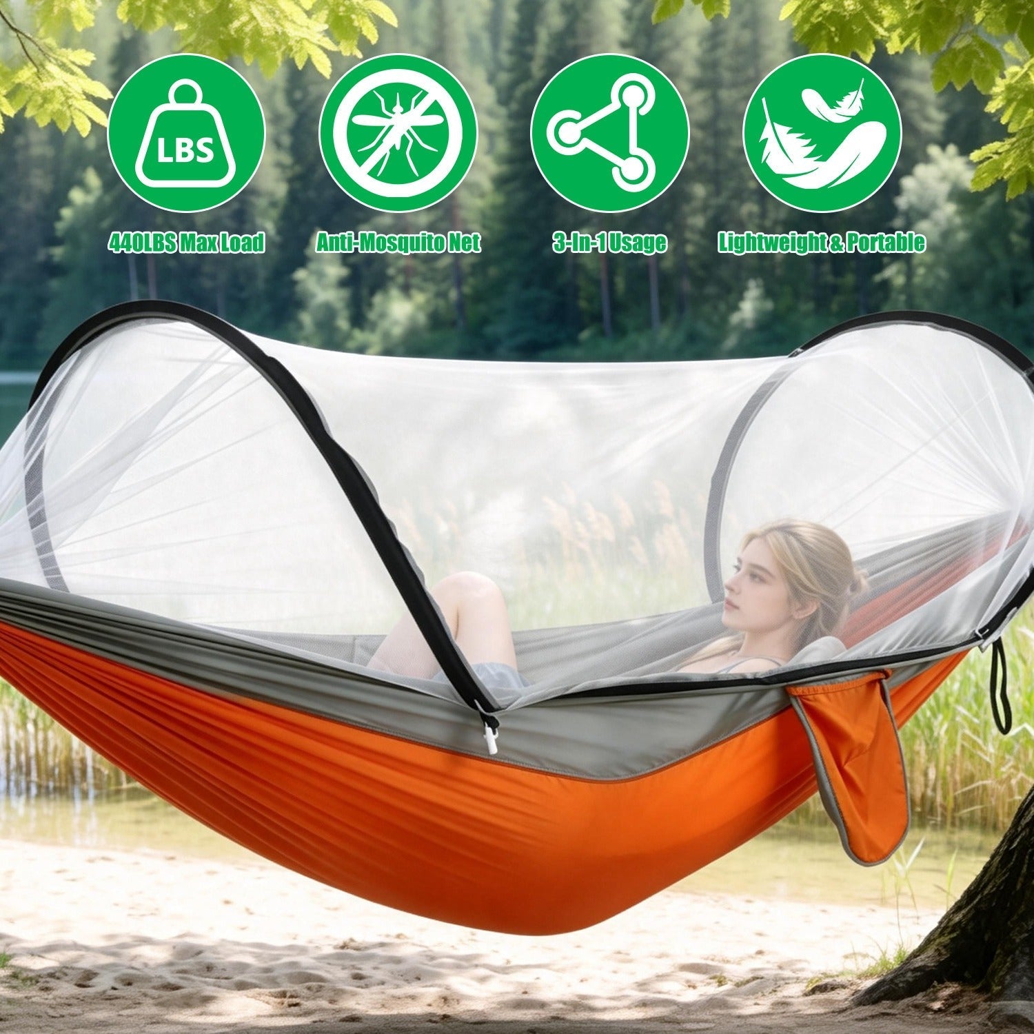 GemGear Camping Hammock with Mosquito Net, orange fabric, 440 lbs max load on Tampa Home & Garden Store