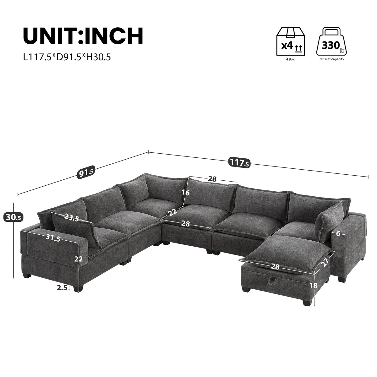 117.5in modular sectional sofa by HouseOfZazla in gray fabric with a movable storage ottoman on Tampa Home & Garden Store