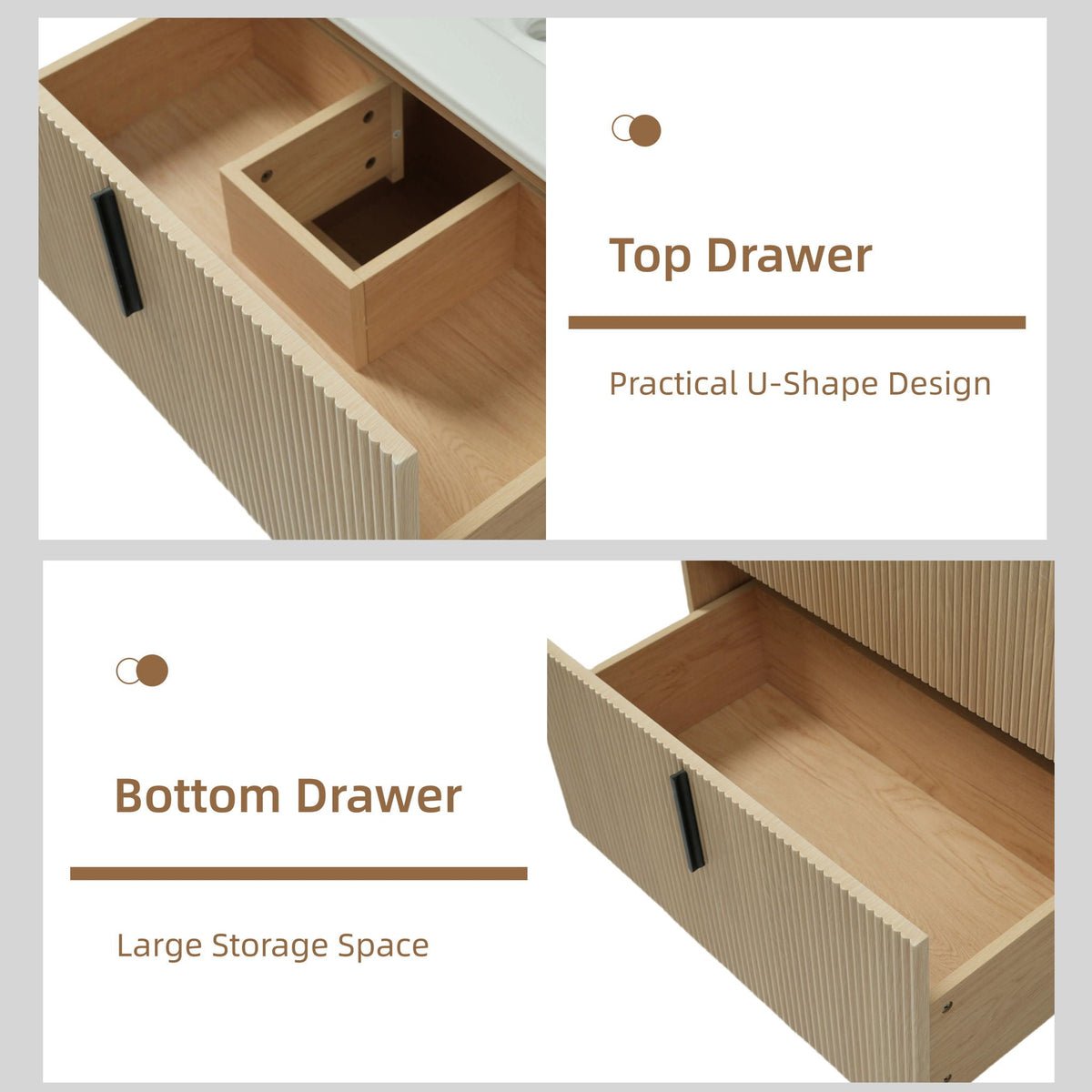 Bathroom vanity with fluted light brown drawer fronts, top and bottom drawers on Tampa Home & Garden Store