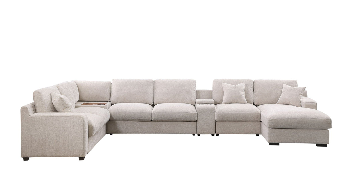 Celine Fabric Corner Sectional Sofa with right-facing chaise, beige upholstery, cupholders on Tampa Home & Garden Store