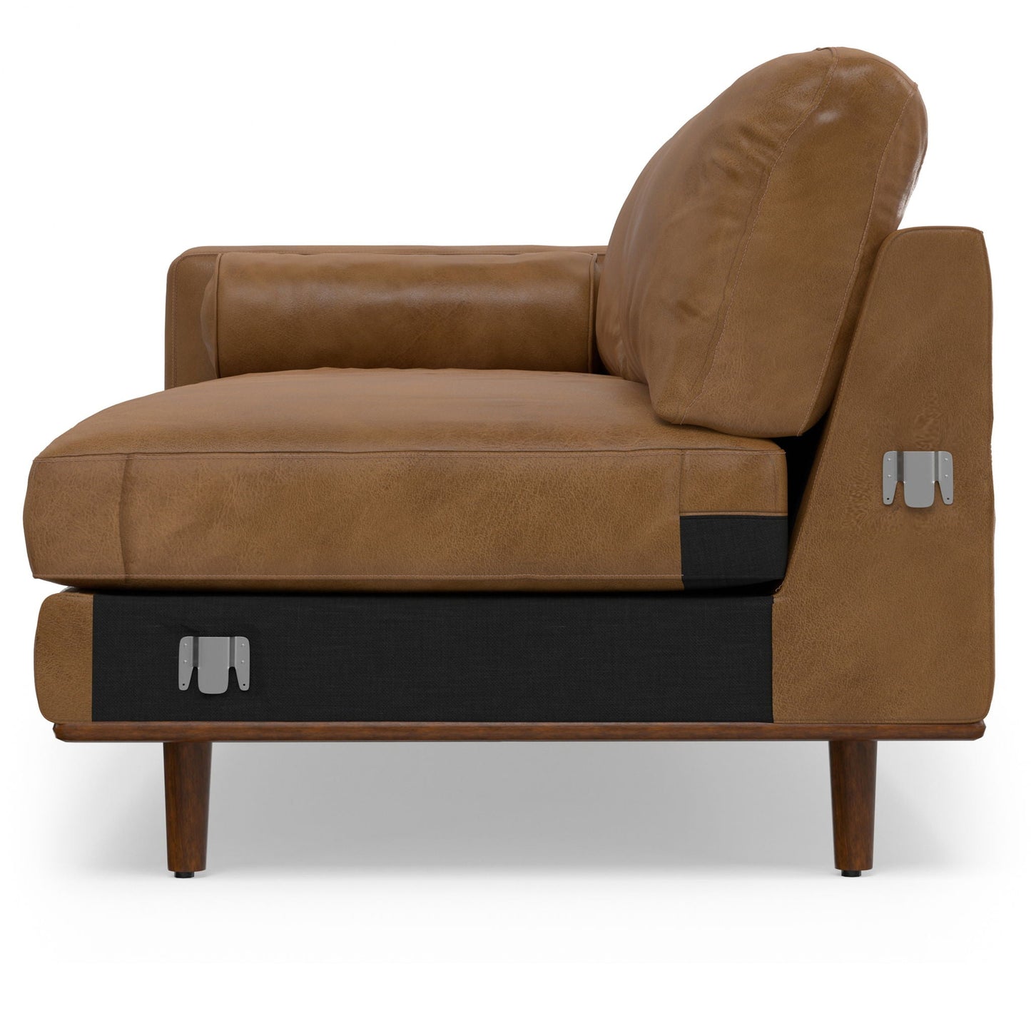 Morrison Upholstered Sectional Sofa in tan leather with wood legs and metal brackets on Tampa Home & Garden Store