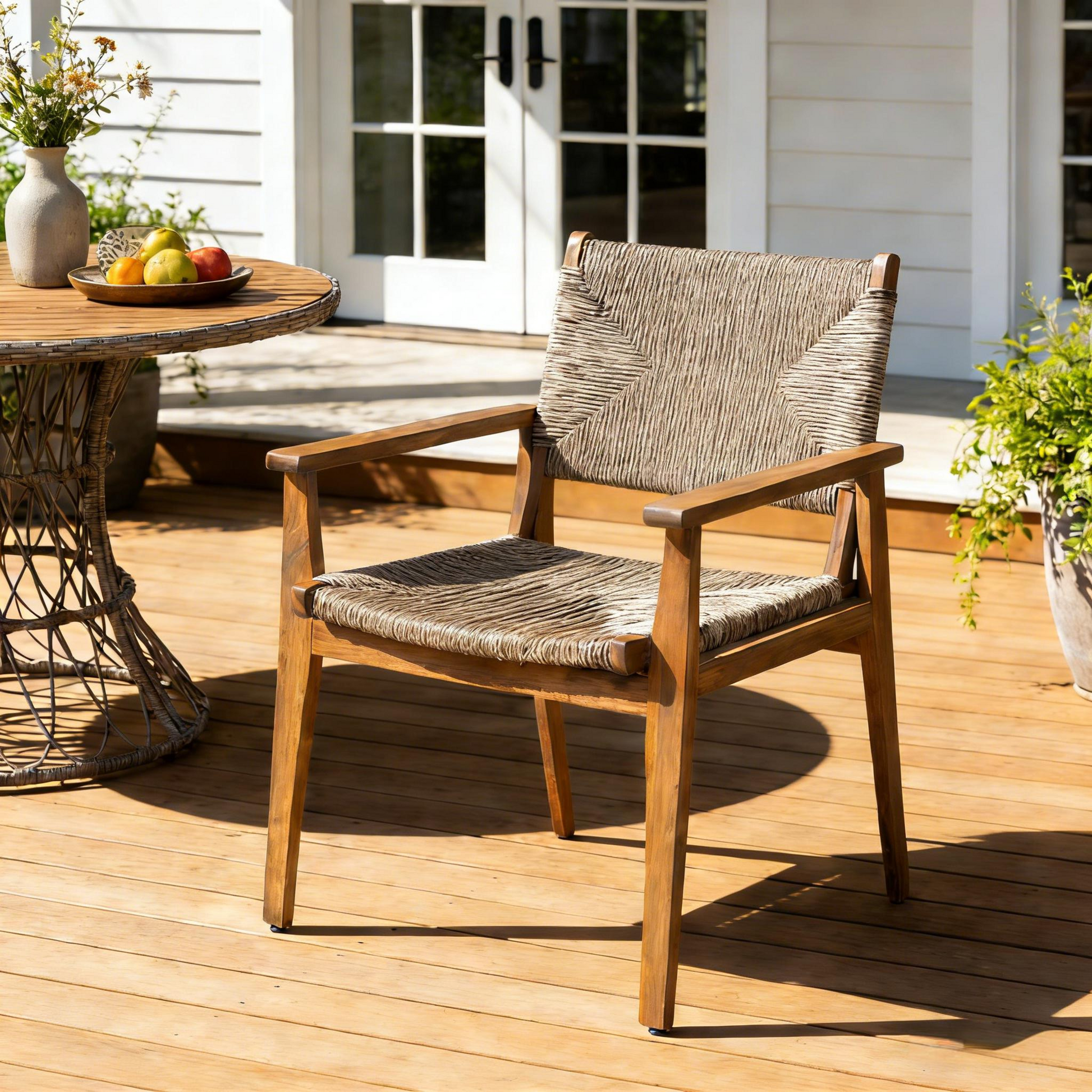 Pair of outdoor dining chairs with acacia wood frames and woven wicker seats HouseOfZazla on Tampa Home & Garden Store