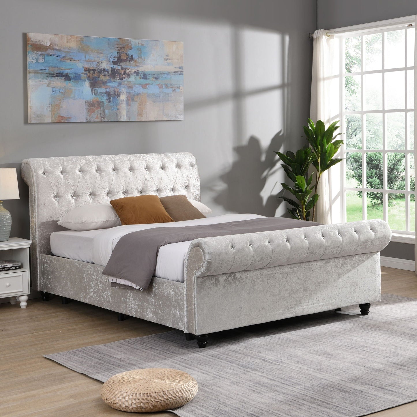 Hartfried queen size upholstered storage bed in beige with tufted headboard and footboard on Tampa Home & Garden Store
