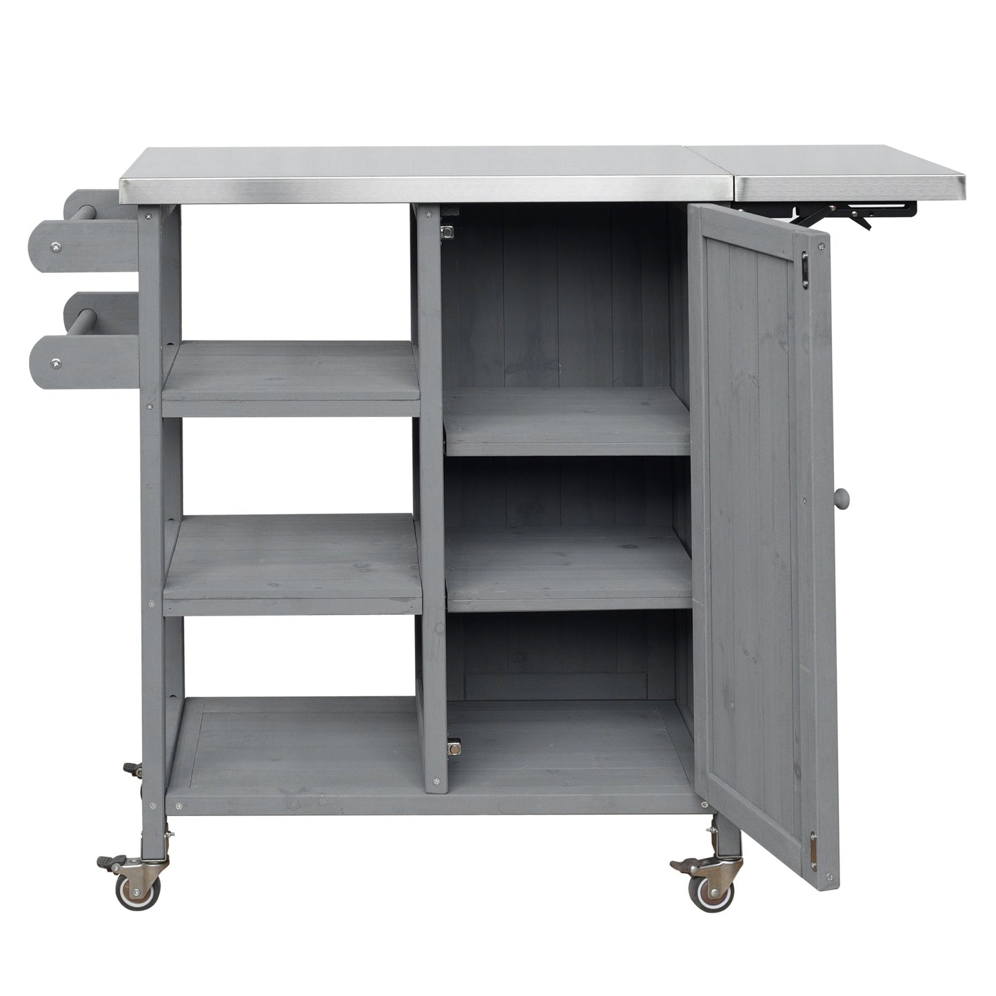 Foldable kitchen island with stainless steel top and gray wood cabinet by HouseOfZazla on Tampa Home & Garden Store