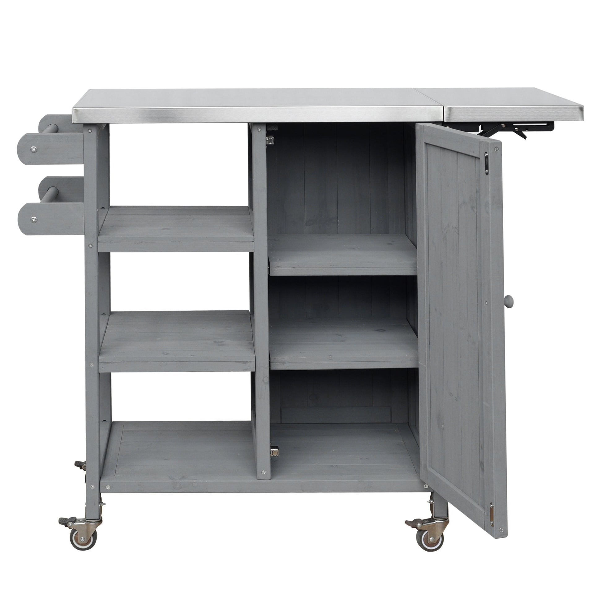 Foldable kitchen island with stainless steel top and gray wood cabinet by HouseOfZazla on Tampa Home & Garden Store