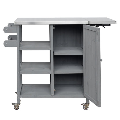 Foldable kitchen island with stainless steel top and gray wood cabinet by HouseOfZazla on Tampa Home & Garden Store