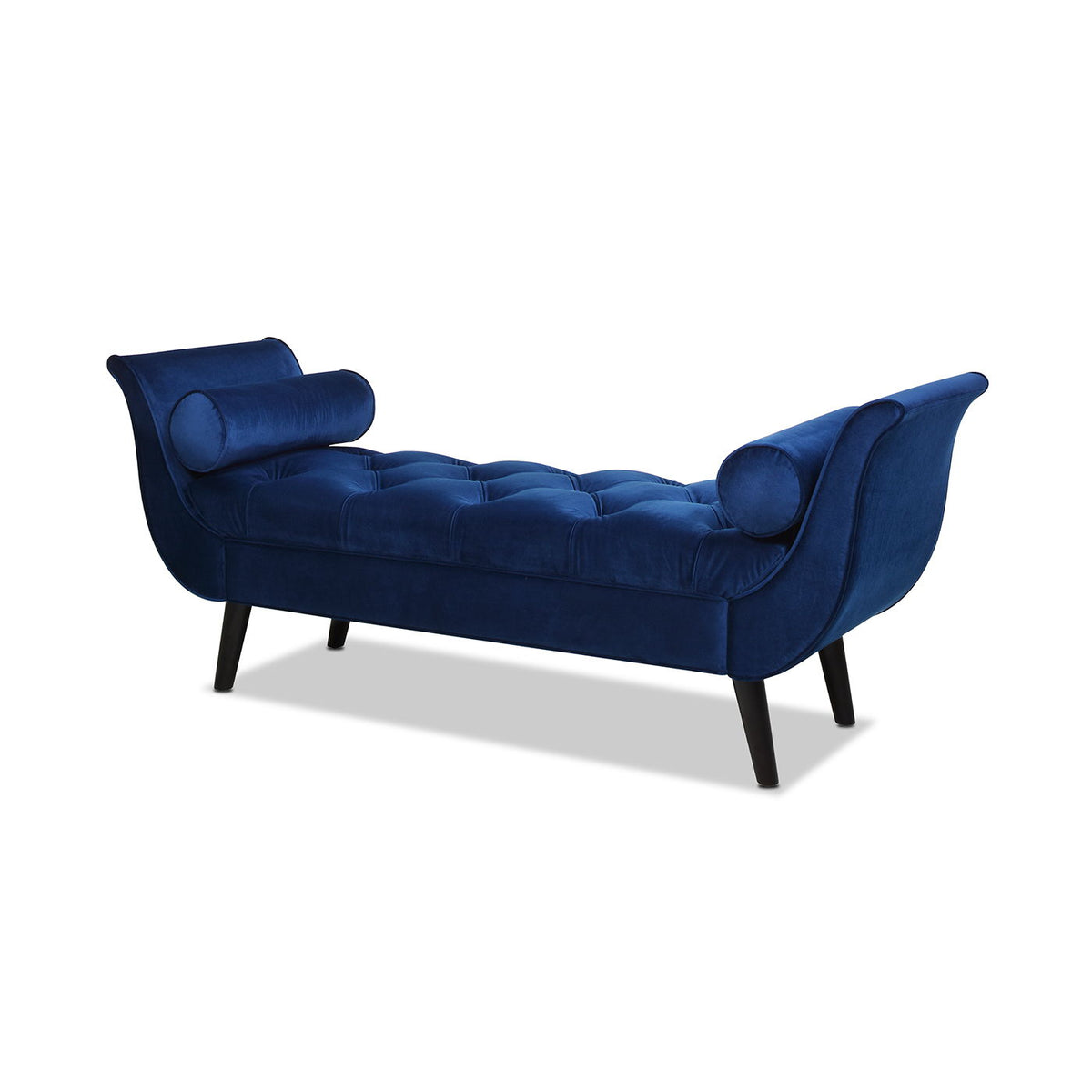 Tufted Flared Arm Entryway Bench in blue velvet with bolster pillows and tapered legs on Tampa Home & Garden Store