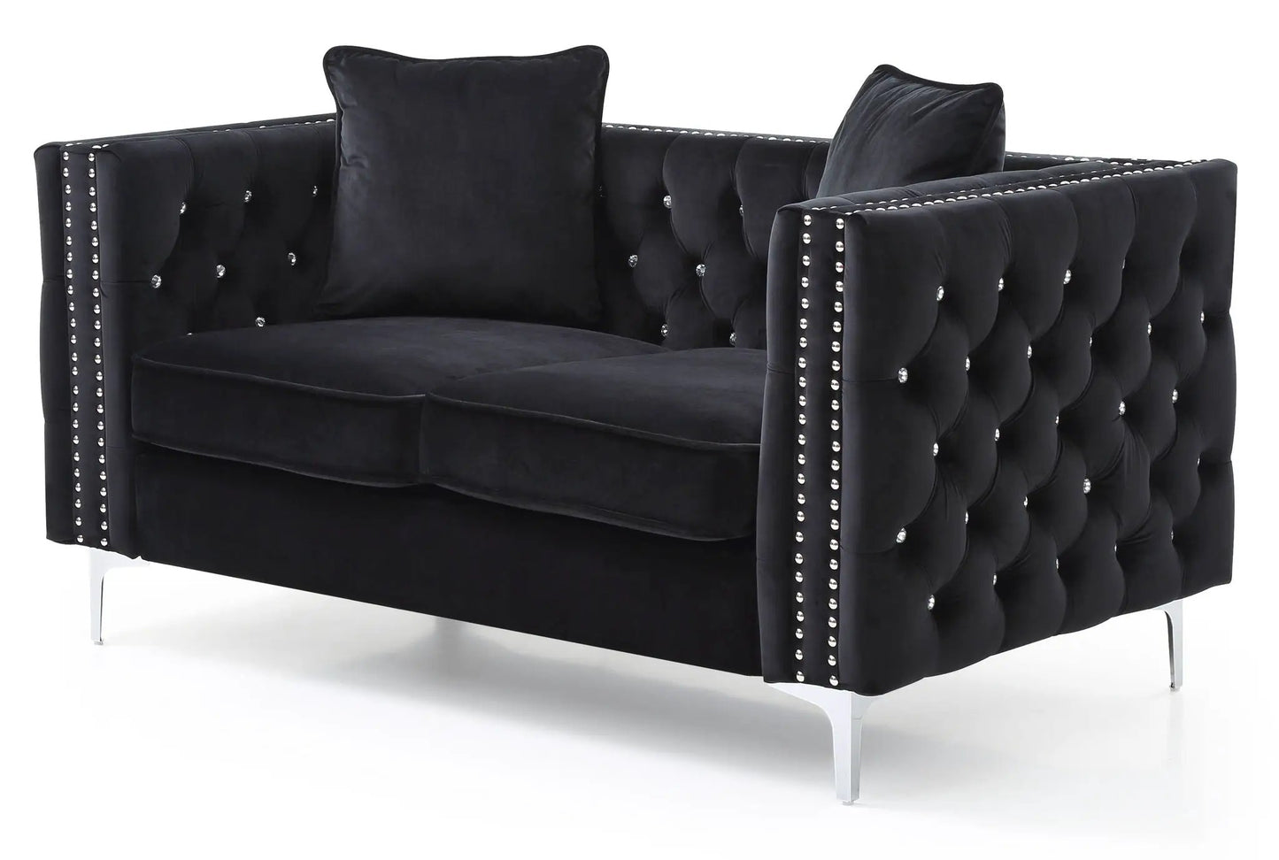 Elegant Track Arm Loveseat in black velvet with tufted upholstery and crystal-studded edges on Tampa Home & Garden Store