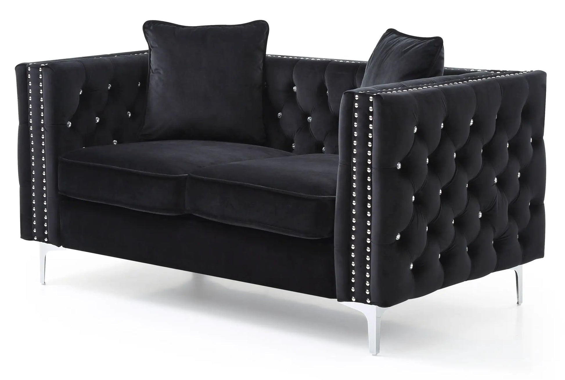 Elegant Track Arm Loveseat in black velvet with tufted upholstery and crystal-studded edges on Tampa Home & Garden Store