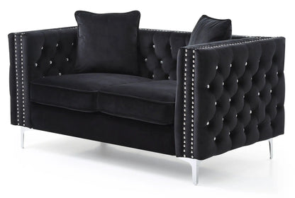 Elegant Track Arm Loveseat in black velvet with tufted upholstery and crystal-studded edges on Tampa Home & Garden Store