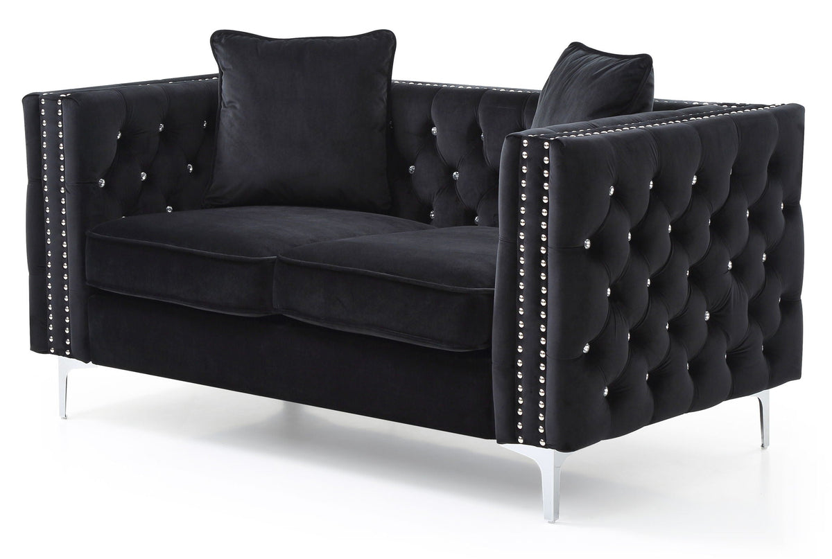 Elegant track-arm loveseat HouseOfZazla tufted micro suede with buttons and chrome legs on Tampa Home & Garden Store