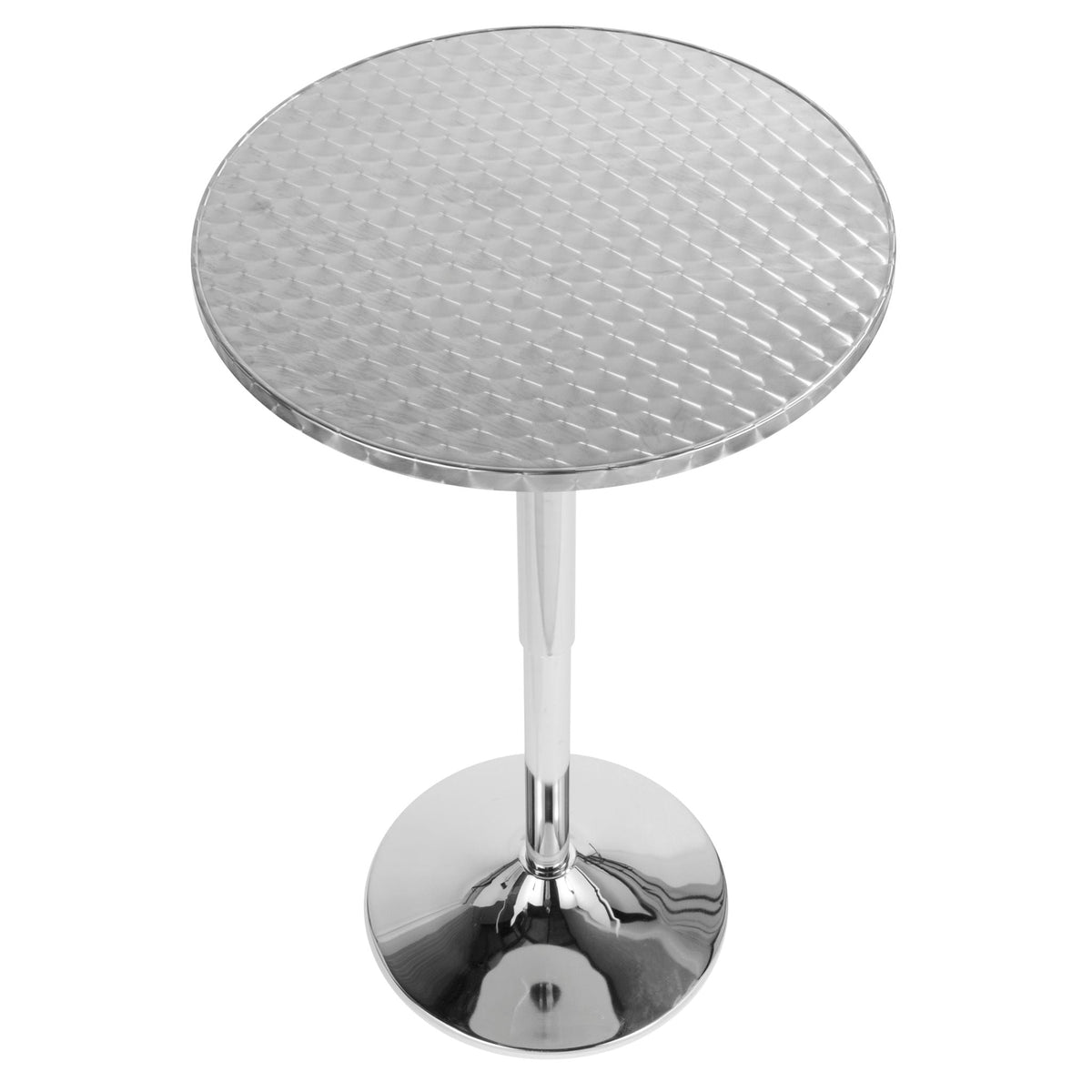 Contemporary adjustable round bar table with hydraulic lift, silver top and chrome base on Tampa Home & Garden Store