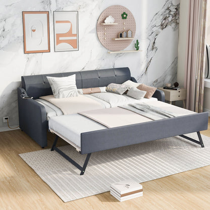 HouseOfZazla upholstered gray daybed with pull-out trundle and USB charging on Tampa Home & Garden Store
