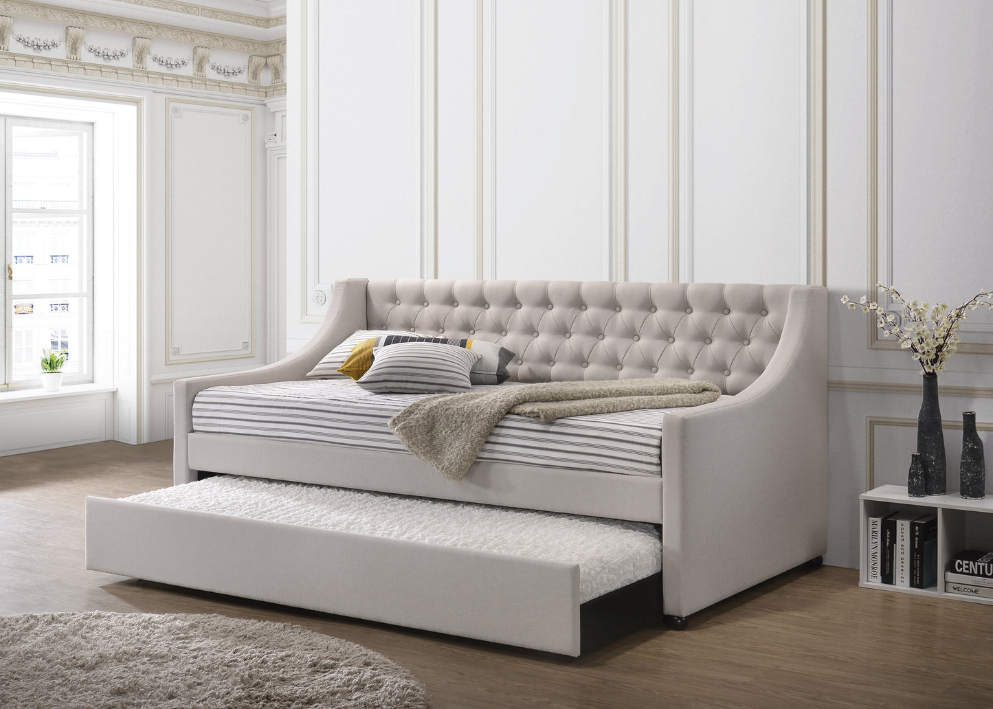 Lianna Fog Fabric Daybed with Trundle Twin light gray tufted upholstery by HouseOfZazla on Tampa Home & Garden Store