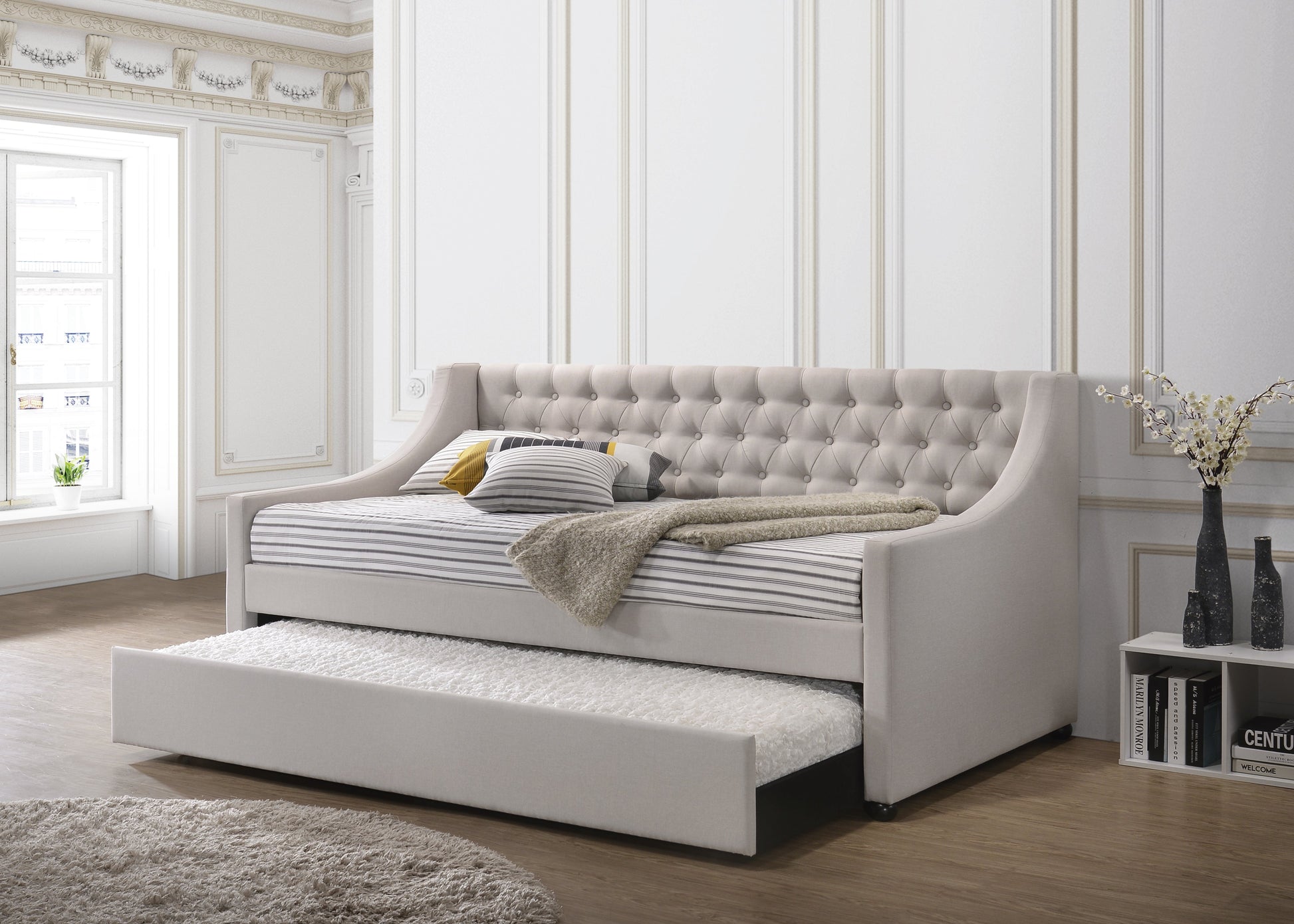 Lianna Fog Fabric Daybed with Trundle Twin light gray tufted upholstery by HouseOfZazla on Tampa Home & Garden Store