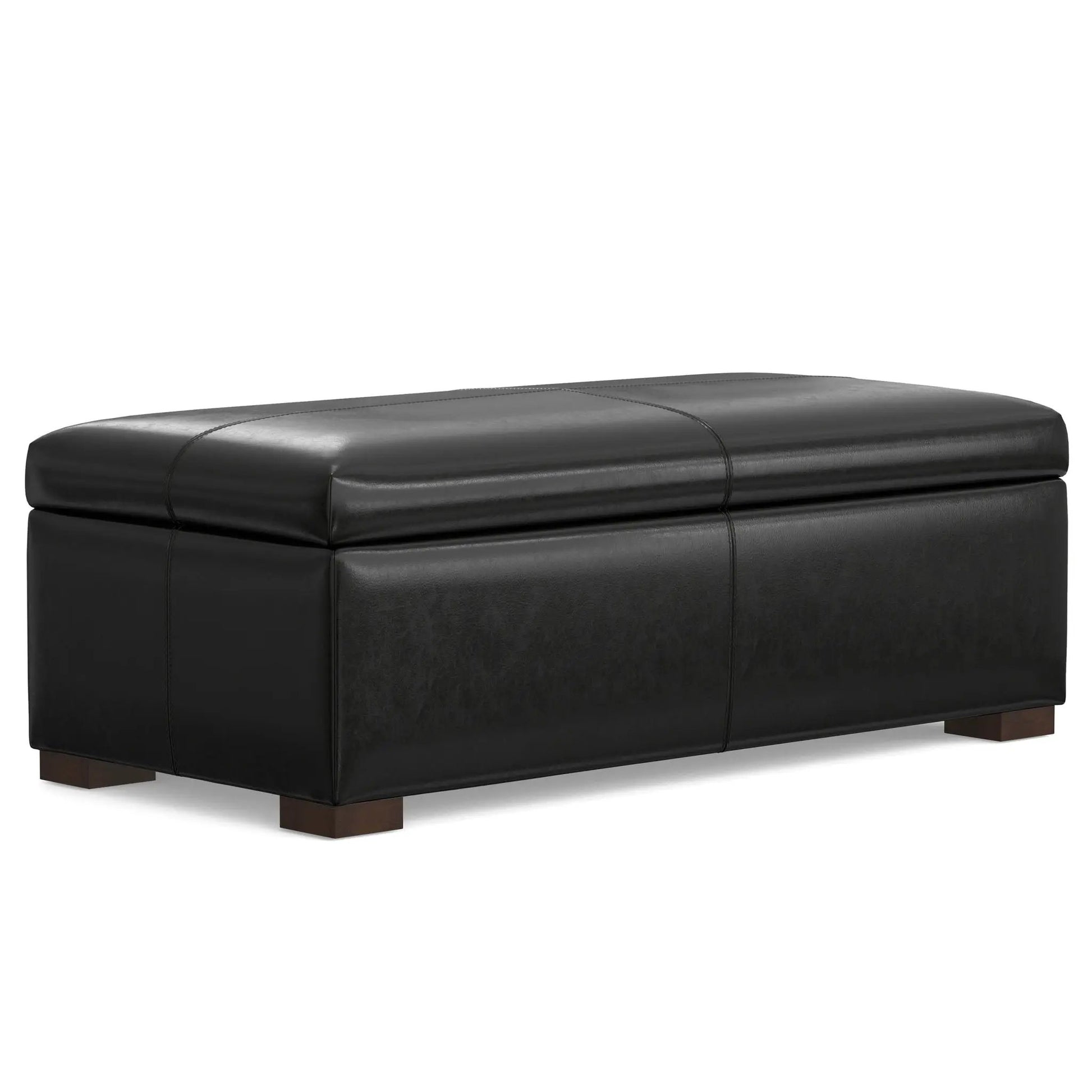 Gabbie black leather upholstered storage ottoman with wooden block legs on Tampa Home & Garden Store