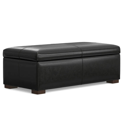 Gabbie black leather upholstered storage ottoman with wooden block legs on Tampa Home & Garden Store