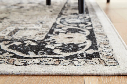Gregmoore area rug, washable, beige and black with fringe and subtle gray pattern on Tampa Home & Garden Store