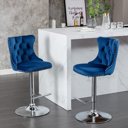 Swivel adjustable height barstools set of 2 blue velvet tufted with chrome pedestal bases on Tampa Home & Garden Store