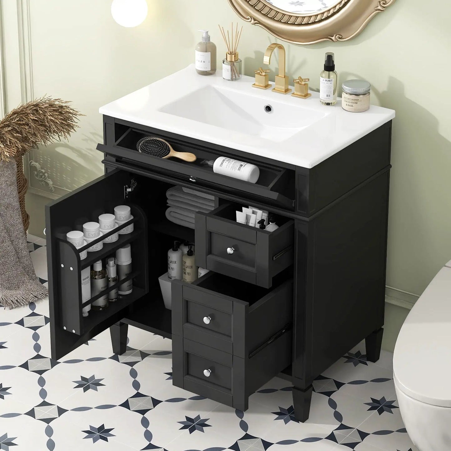 Black bathroom vanity with white top sink, two drawers and tip-out drawer, gold faucet on Tampa Home & Garden Store