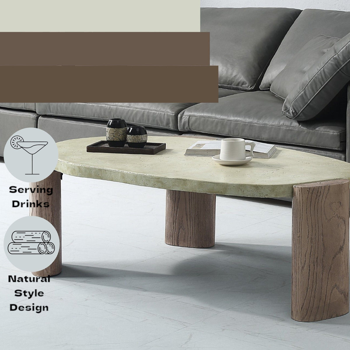 Dayana Coffee Table with fiber concrete top in oak/off-white, round table with wood legs on Tampa Home & Garden Store